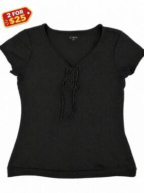 Cleo Black Lace-Up V-Neck T-Shirt — Size M
